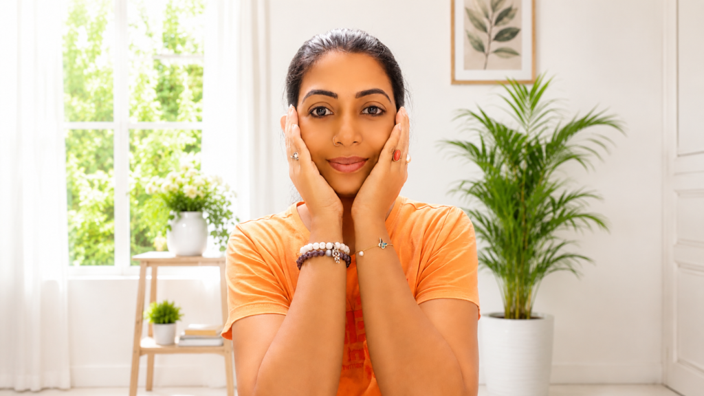 Guided Face Yoga technique demonstration at Transfinite studio, face yoga classes in Kolkata